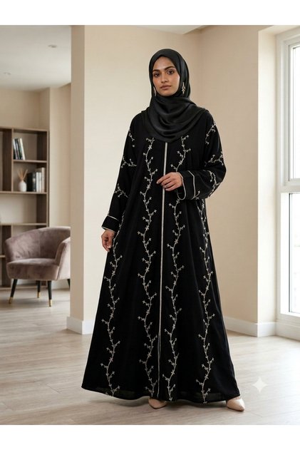 Black & White Floral Vine Embroidered Abaya