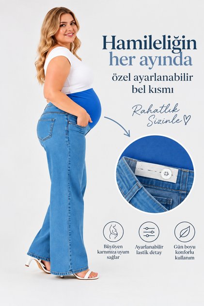 Plus Size Maternity Straight Leg Jeans - Flexible Soft Textured Jeans with Abdominal Support and Adjustable Waist