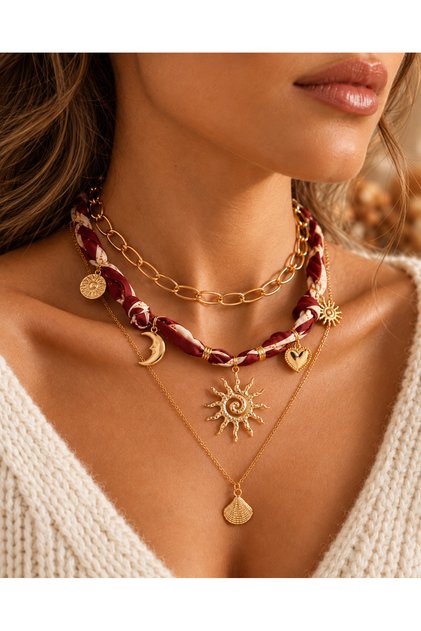 Set Coliere Dama 3 Piese, Stil Boho Chic, Multistrat, Esarfa Impletita si Pandantive Aurii, Casual