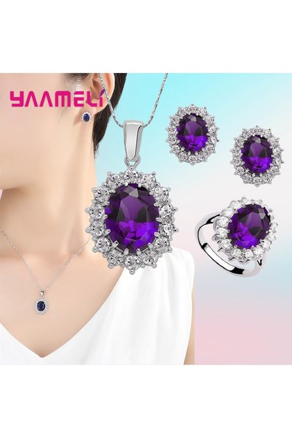Purple Authentic 925 Sterling Silver Plated Women Wedding Engagement Jewelry Sets Princess Oval Zirc