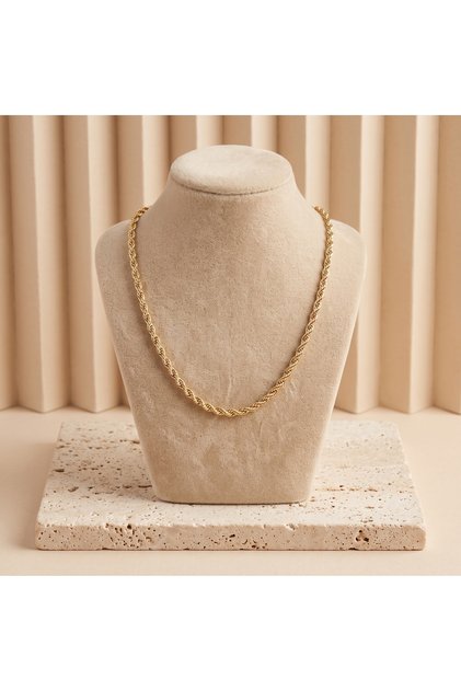 14K Gold Renk 316L Çelik Klasik Burgu Halat Zincir Kolye 3mm 45cm