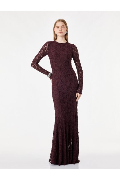 Slim Fit Yuvarlak Yaka Uzun Kollu Dantelli Uzun Elbise