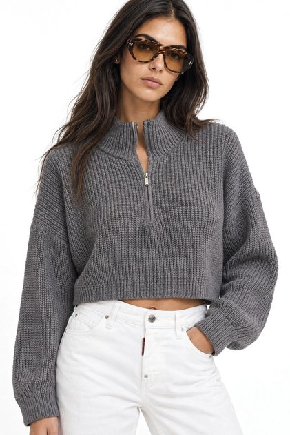 Mixray Textured Long Sleeve Zipper Collar Sweater