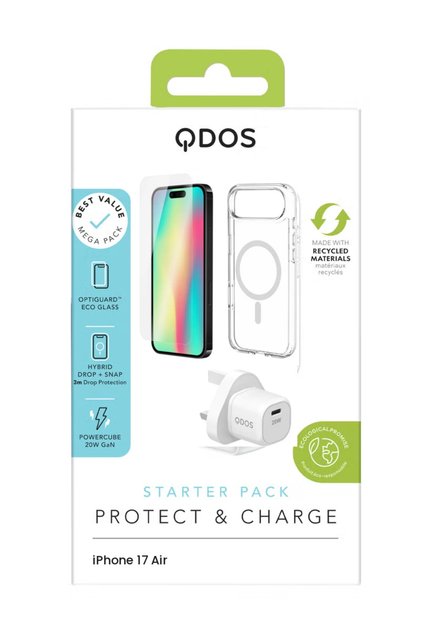 حزمة البداية لـ iPhone 17 Air (HYBRID DROP مع Snap، شاحن PowerCube بقوة 20 واط أمريكي، زجاج OptiGuard ECO)