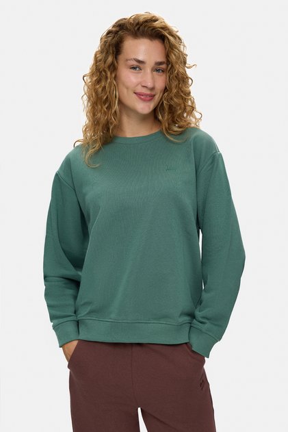Sunniva Sage Green Crew Neck Cotton Embroidered Loose Fit Women's Sweatshirt