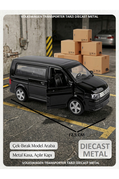 Volkswagen Transporter Minibüs Tarzı Metal Diecast Araba 12.5cm Çek bırak 2 kapıları Açılır Collectıon Model Hediyelik Ürün Metalic Siyah