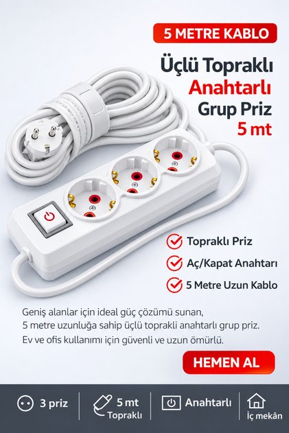 Üçlü Topraklı Anahtarlı Grup Priz 5 Metre