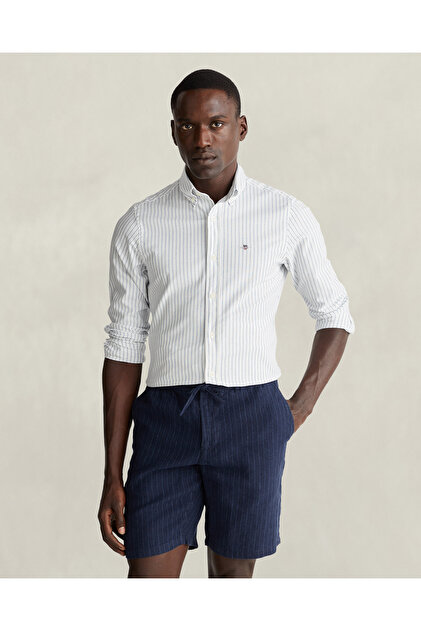 Erkek Beyaz Slim Fit Çizgili Logolu Gömlek