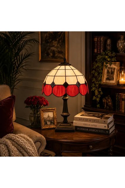 El Yapımı Vitray Retro Barok Abajur Masa Lambası Oturma ve Yatak Odası Kırmızı Beyaz Siyah