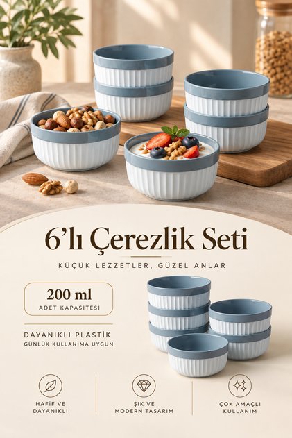 6'lı Çizgili Çerezlik Kase Seti 200 ml Atıştırmalık Sunum Kasesi