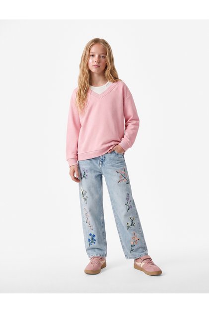 Çiçek Nakışlı Pamuklu Geniş Paça Denim Pantolon