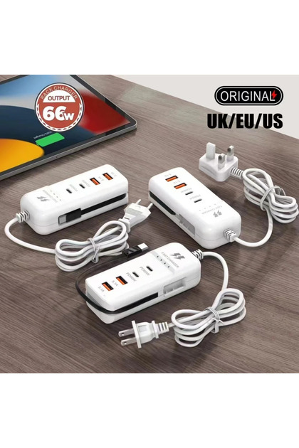 UK Plug WHITE 66W PD Fast Charging Wall USB Chargers USB Hub Adapter 4 Ports USB Type C EU US UK Plu