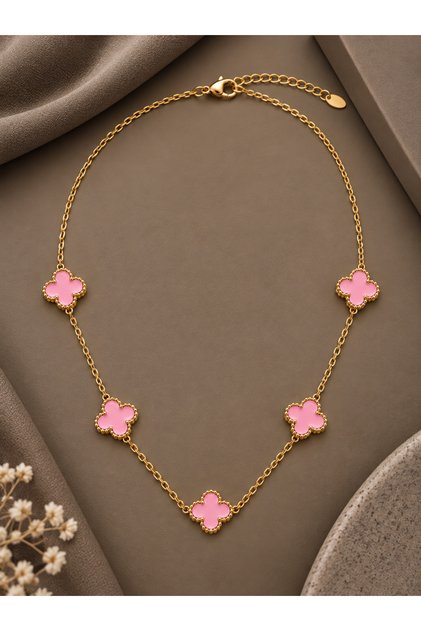 316L Steel Chain Gold Pink Color Clover Women Necklace