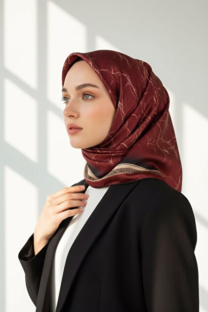 Twill Barok Çerçeveli Mermer Desenli Bordo Renkli 90x90 Eşarp (İpek İçermez) Kenar Dikiş Şekli El Di
