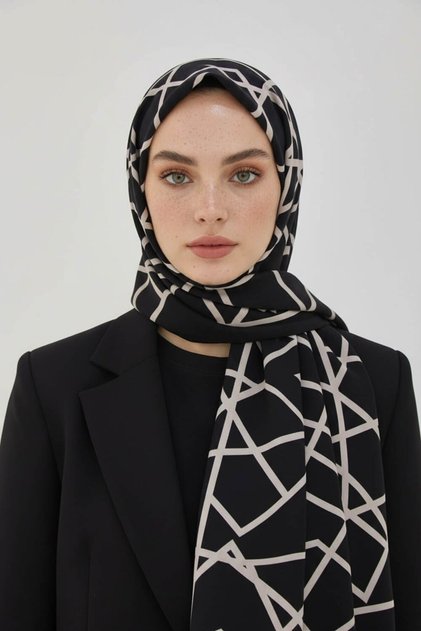 KREP ÇİZGİLİ DESENLİ SİYAH - KREM RENKLİ 75X195 KIRIŞMAZ ŞAL