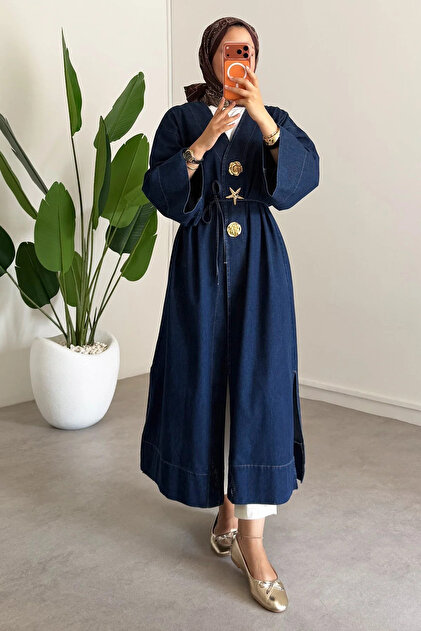 Belted Oversize Denim Kimono with Brooch Detail