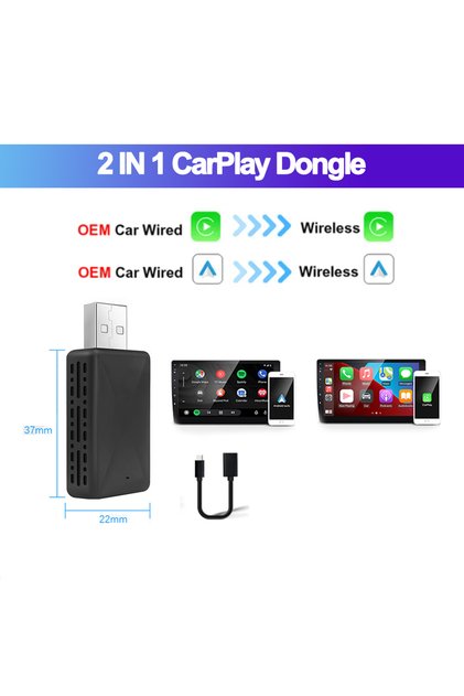 محول 2 في 1 2 في 1 سلكي إلى لاسلكي CarPlay Android Auto لجهاز ستيريو السيارة OEM مع قابس USB والتشغيل