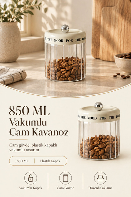 850ml Çizgili Cam Saklama Kavanozu - Krem Yazılı Kapaklı Gümüş Kulplu Mutfak Saklama Kabı