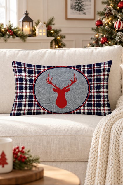 New Year's Themed Velvet Throw Pillow Case with Deer Pattern 35X55 cm - Decorative Pillow Case