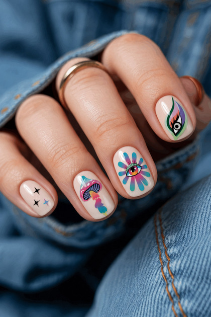 Retro Hippie Desenli Tırnak Stickerı Nail Art Süsü