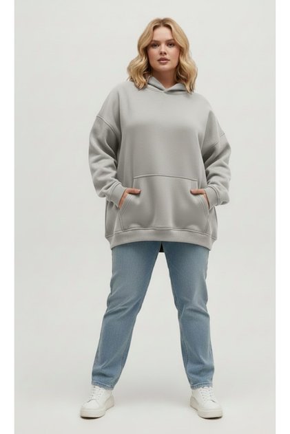 Gray Hooded Model Oversize Plus Size Regular Fit Unisex Large Size Sweatshirt