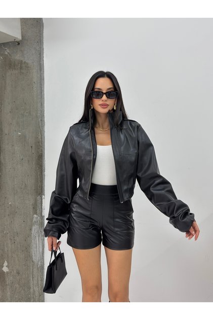 Frozen Women's New Season Corset Detail Crop Leather Jacket Black