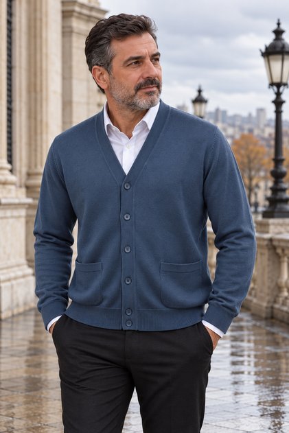 Men's 100% Cotton V-Neck Buttoned Cardigan-Sweater with Side Pockets, Knitwear, Casual, Stylish, Comfortable Fit