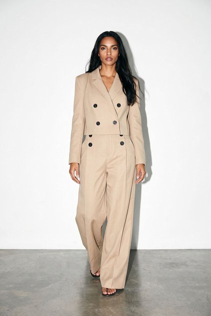 Beige Button Detailed Wide Leg Trousers