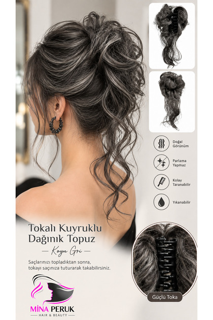 Tokalı Kuyruklu Dağınık Topuz - Koyu Gri / W156-403