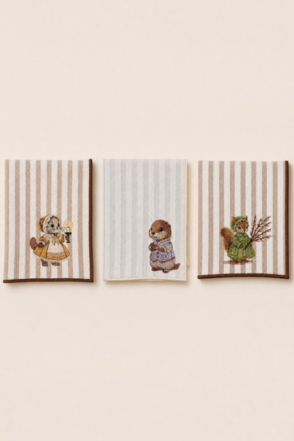 Vintage Nakışlı Dekoratif El Havlusu Üçlü Set – %100 Pamuk, Çizgili Keten Dokulu (30×45)