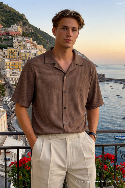 Men's Trendy Polo Collar Oversize Brown Linen Shirt