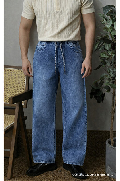Erkek Beli Lastikli Lacivert Baggy Kot Pantolon
