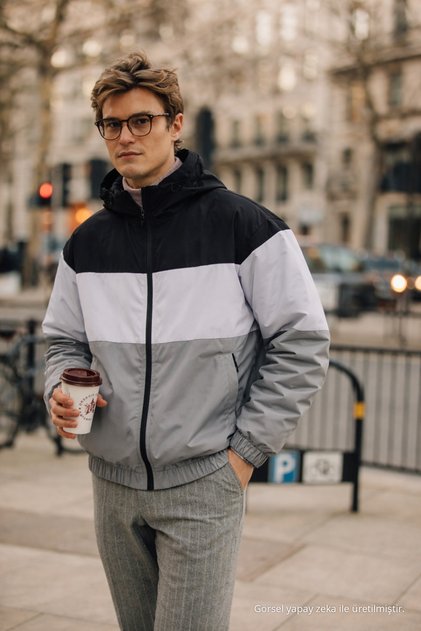 Men's Colorful Trendy Gray Zippered Raincoat