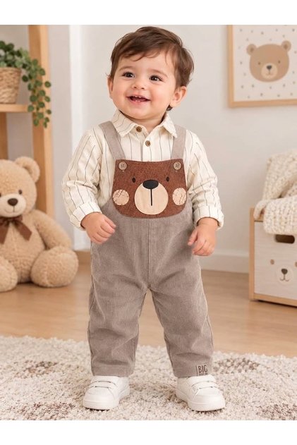 Teddy Bear Patterned Linen Shirt Velvet Salopet Set for Baby Boy