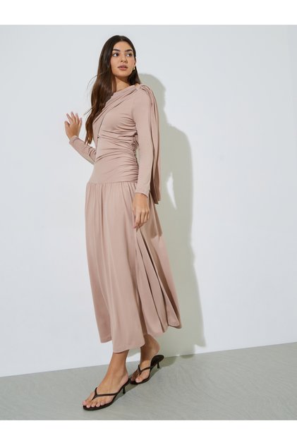 Nude Ruched Details Long Sleeve A-Line Maxi Dress