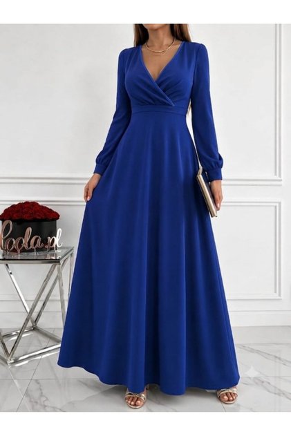 Women's Long Sleeve Double Breasted Collared Pleated Waist Corset Detailed Long Janjan Crepe Dress