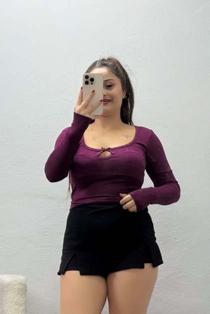 Buzzy Fabric Bow Detailed Women's Blouse Plum