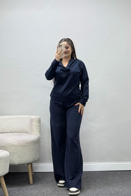 Women's Double-Breasted Collared Hooded Suit Navy Blue