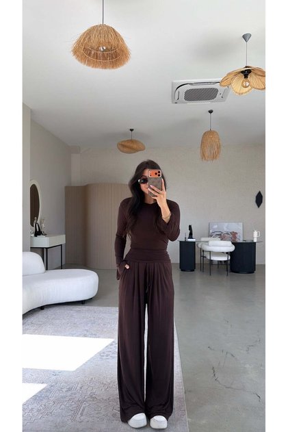 Brown Lace-Up Cotton Loose-Leg Comfortable Set