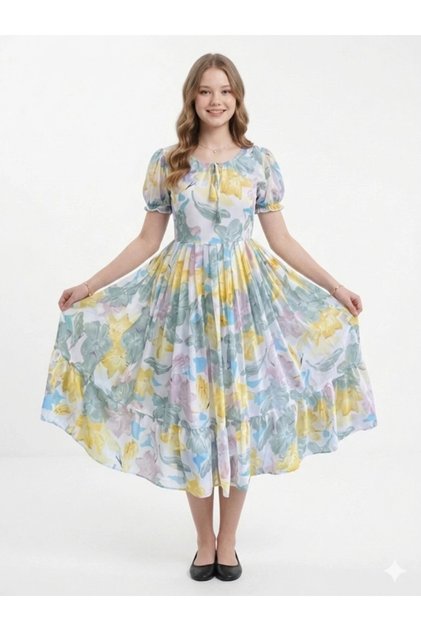 Multicolor Floral Print Georgette Fit & Flare Midi Dress - RMD9290 | Multicolor