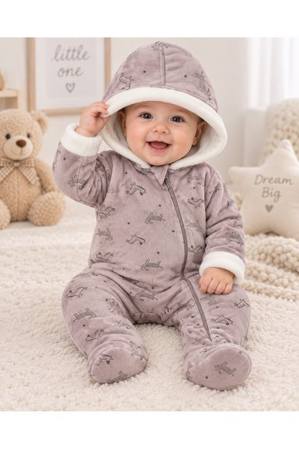 Unisex Kız Erkek Bebek Kapüşonlu Peluş Tulum – Hayvan Desenli, Fermuarlı, Patikli Kışlık Bebek Dış Giyim Tulumu 3-18 Ay