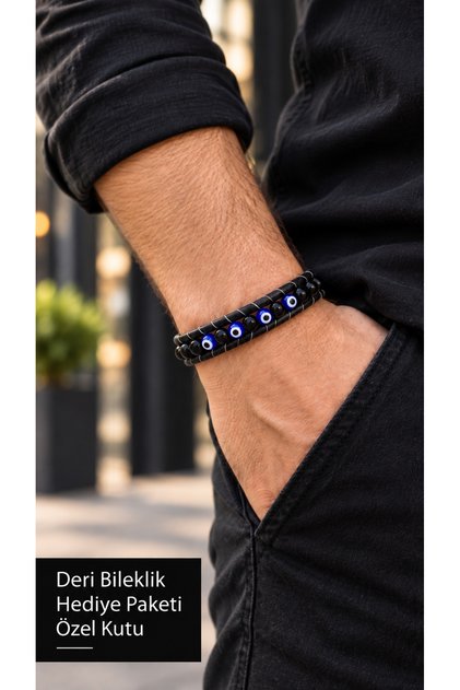 Esmelio Azure Guard Black Leather Men's Bracelet - Double Layer with Blue Evil Eye Beads
