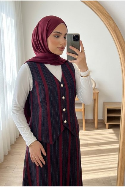 Women's Hijab Plaid Patterned Vest and Long Skirt Set, Stylish 2-Piece Set with Buttons