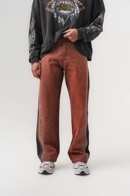 Crystal Stone Detailed Washed Jean Baggy Men's Trousers