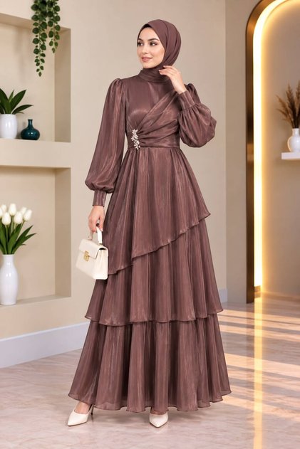 Janjan Tesettür Abiye Elbise – Taşlı Katlı Model