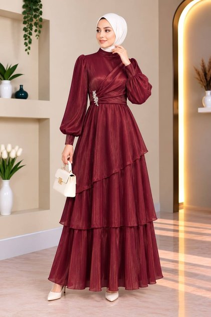 Janjan Tesettür Abiye Elbise – Taşlı Katlı Model