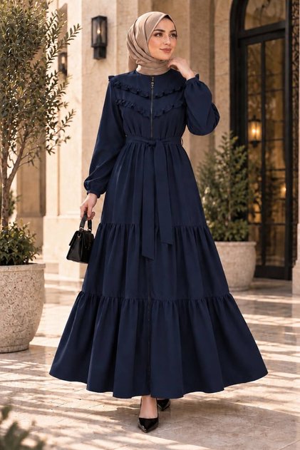Kap Ferace Front Ruffled Sleeves with Rubberized Hem, Ruched Skirt, Navy Blue Crepe Fabric