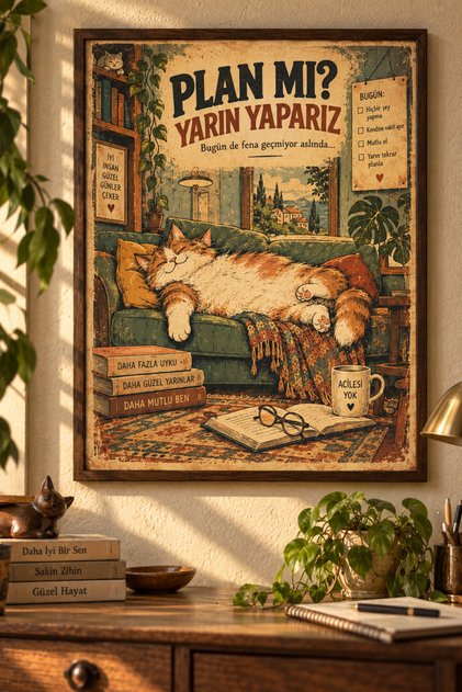 Plan Mı Yarın Yaparız Komik Kedi Tablo – Çerçeve Görünümlü MDF Retro Ofis ve Salon Duvar Dekoru