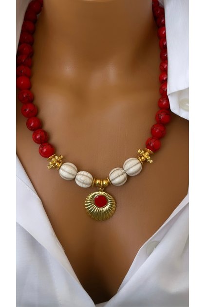 12mm Crimped Coral Natural Stone Design Handmade Women's Necklace