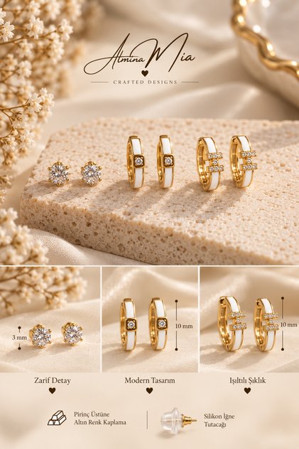 Ring Brass Top Gold Color Plated Multiple Combination Earring Set Letter H White Enamel Zircon Stone 6-Piece Set